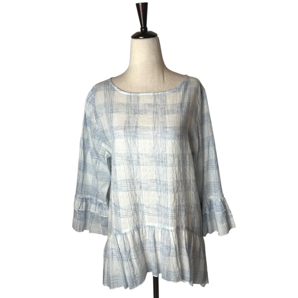 Kay Celine Shirt Women Large Blue‎ White Plaid Bell Sleeve Peplum Top Bohemian